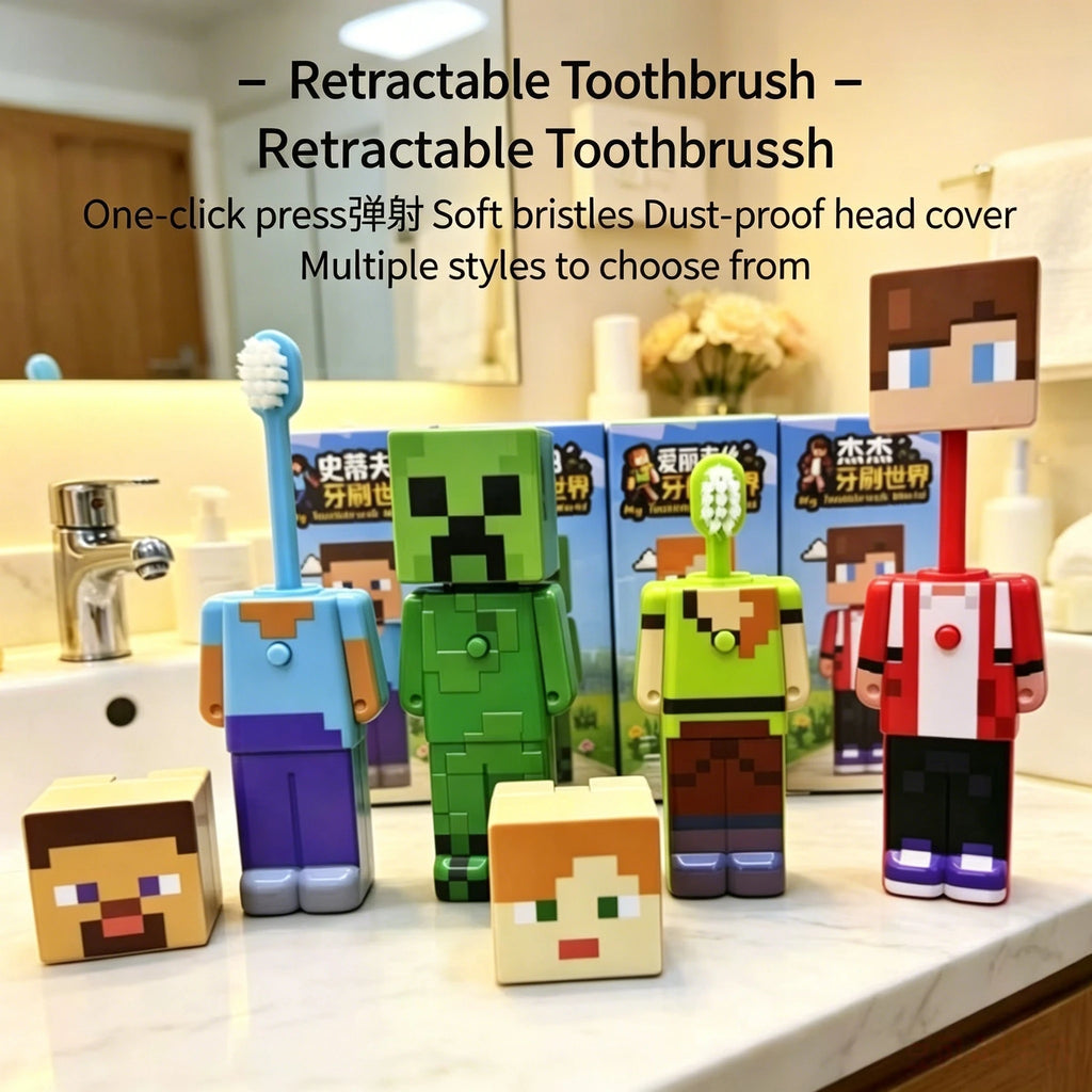 2026 Hot Anime world Scalable Toothbrush Cute MC Figures Transformable Soft Bristled Toothbrush Fine Bristled Gifts