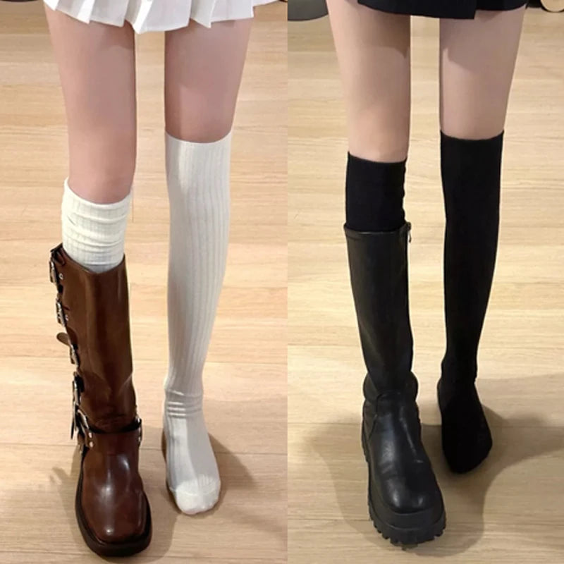 Frühling Herbst Kniehohe Strümpfe für Frauen Weiß Vertikale Streifen Lange Socken Mode Mädchen JK Dünne Stiefel Socke Japanischen Stil
