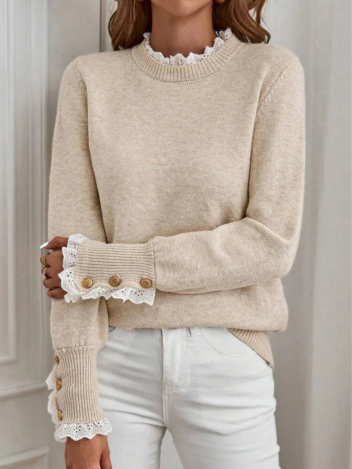 Damen Langarm-Strickpullover mit Spitzenverzierung Rundhals Herbst Winter Warm Modisch Lässige Strickware