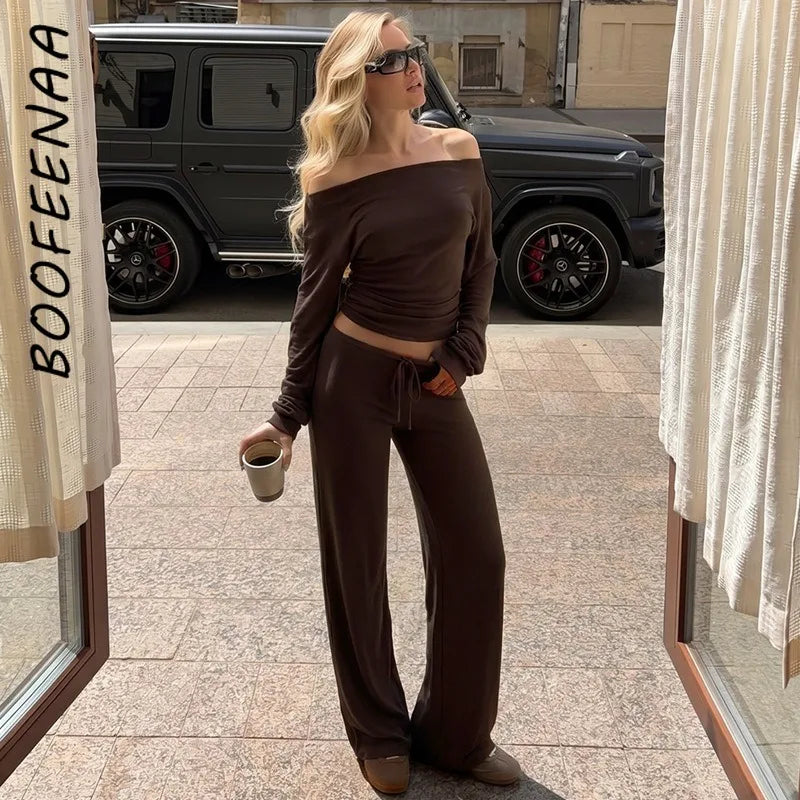 BOOFEENAA Baggy-Sweatpants, bequeme Lounge-Hose mit Kordelzug, Damen-Unterteil, lässige Hose mit weitem Bein, Schwarz, C15-BI30