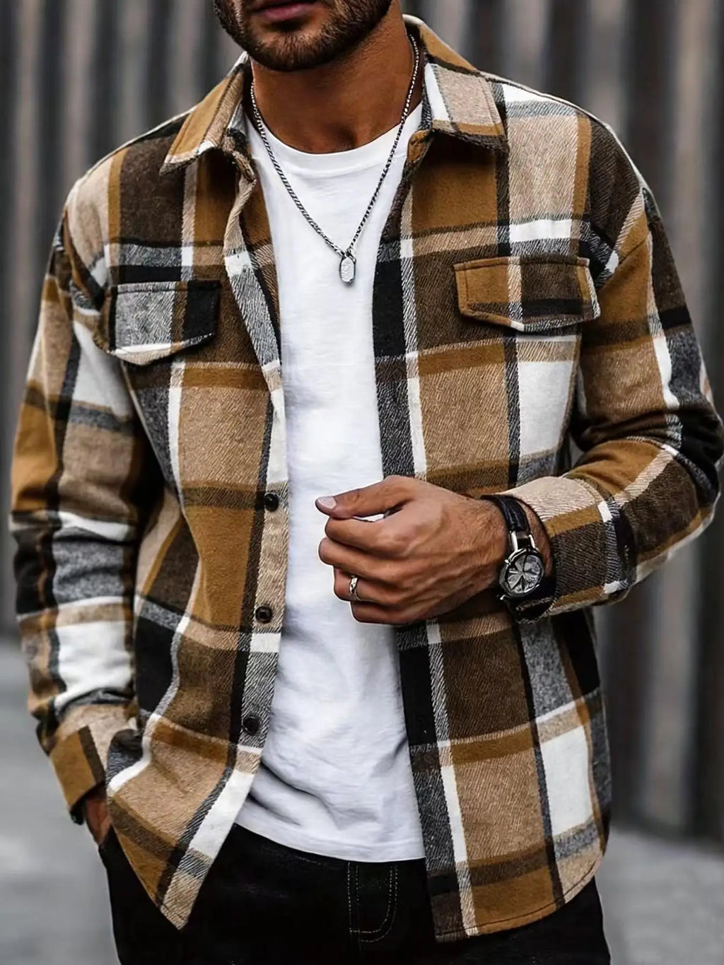 Retro-Karohemd für Herren, lässig, elegant, mit Knöpfen, langärmlig, Hemdjacke für Frühling, Herbst, Business