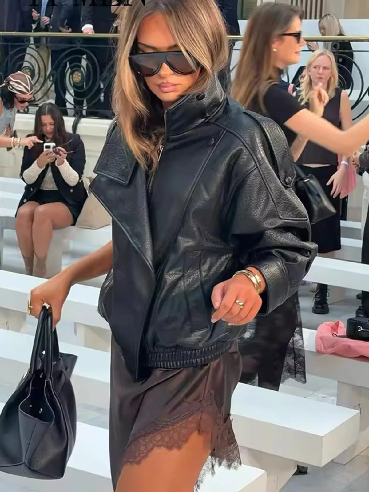 TFMLN Chic Schwarz Kunstleder Jacken Frauen Langarm Tasten Elastische Übergroße Mäntel Mode 2025, Herbst Winter Streetwear