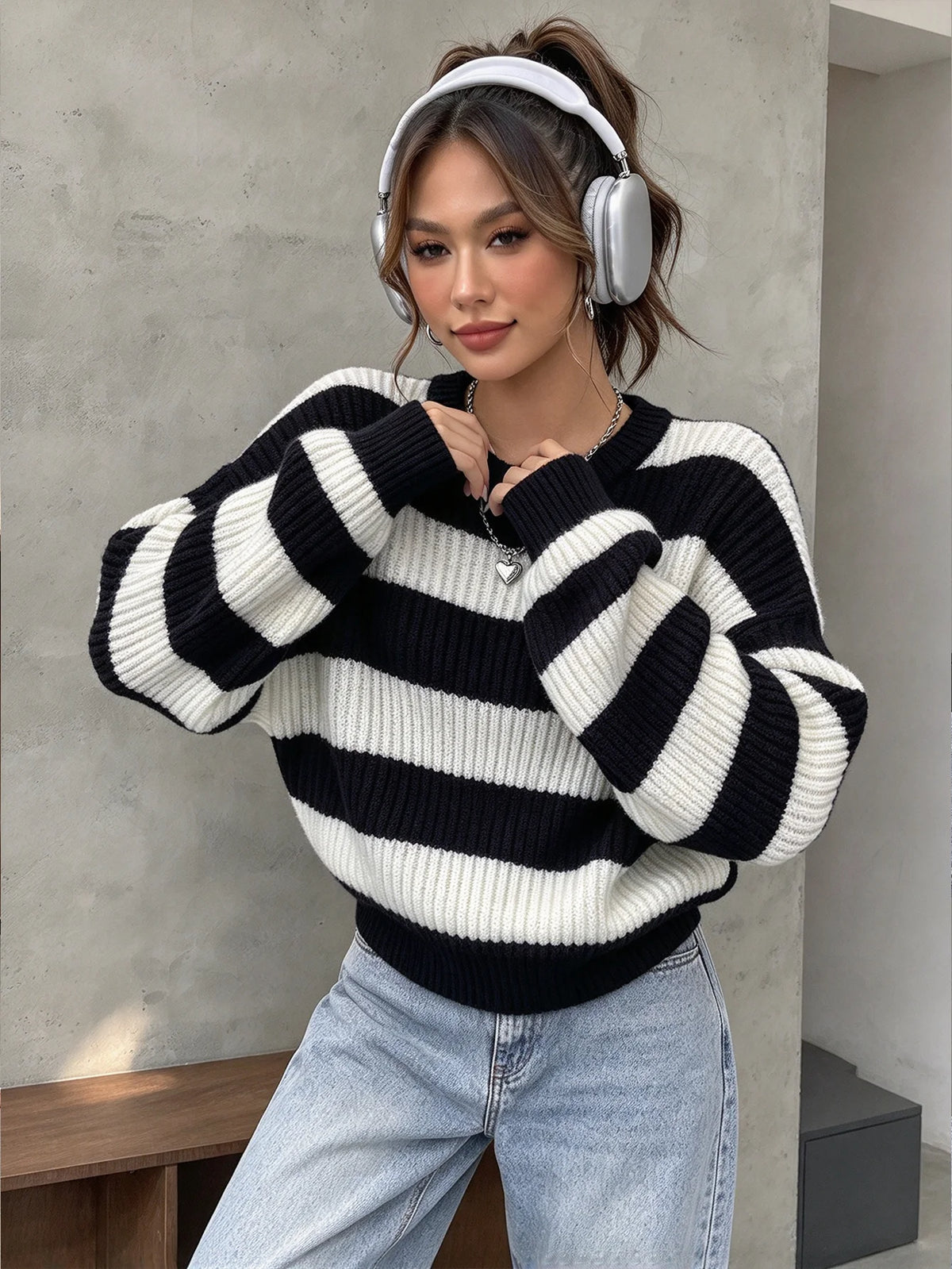 Damen-Pullover mit Rundhalsausschnitt, Farbblock-Streifenmuster, langärmelig, locker geschnitten, lässiger Alltags-Pullover für Damen, Herbst- und Winter-Strickoberteil