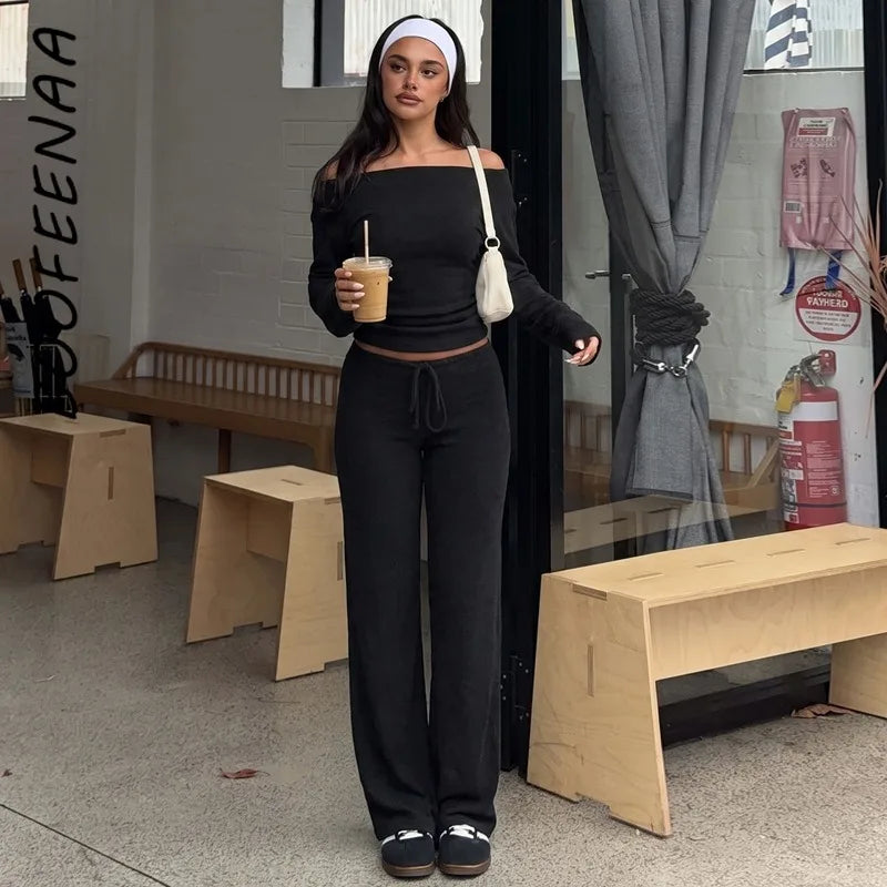 BOOFEENAA Baggy-Sweatpants, bequeme Lounge-Hose mit Kordelzug, Damen-Unterteil, lässige Hose mit weitem Bein, Schwarz, C15-BI30