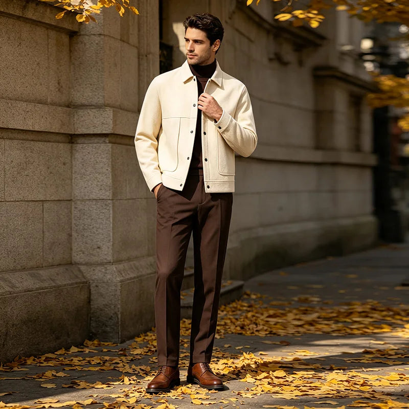 Herren Kurze Jacke mit Gebürsteter Oberfläche, Lockerer Schnitt, Reverskragen, Knopfleiste, Herbst-Winter, Warm, Business Casual, Alltägliche Pendlerjacke