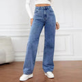 Schwarzgraue Denim-Hosen mit weitem Bein für Damen im Herbst, hochtailliert, locker geschnitten, schlankmachend und mit geradem Bein.