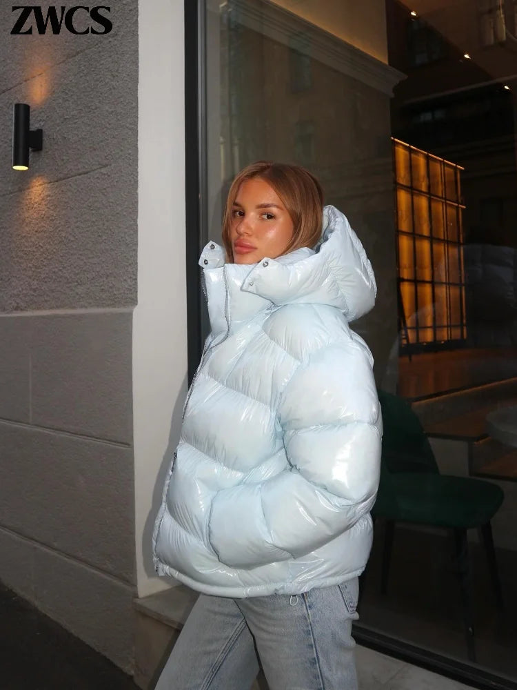 Glänzende Reißverschluss-Kapuzenjacken für Damen, Warme Elastische Taille Plissierte Kurze Baumwolljacke, 2026 Winter Neue Damen High-Street-Oberbekleidung