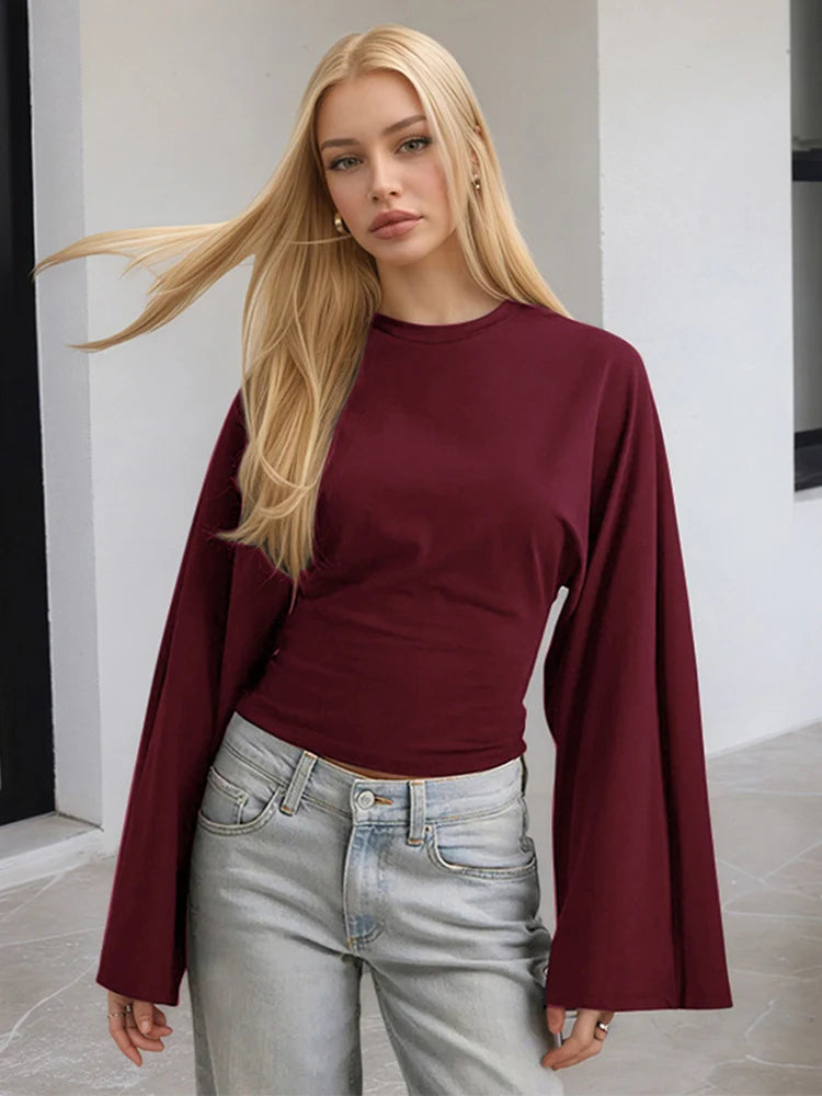 Street Style Flare Langarm-Crop-T-Shirt für Damen, Frühling und Herbst, lässiges Rundhals-Crop-Top, Streetwear, Y2K-Kleidung