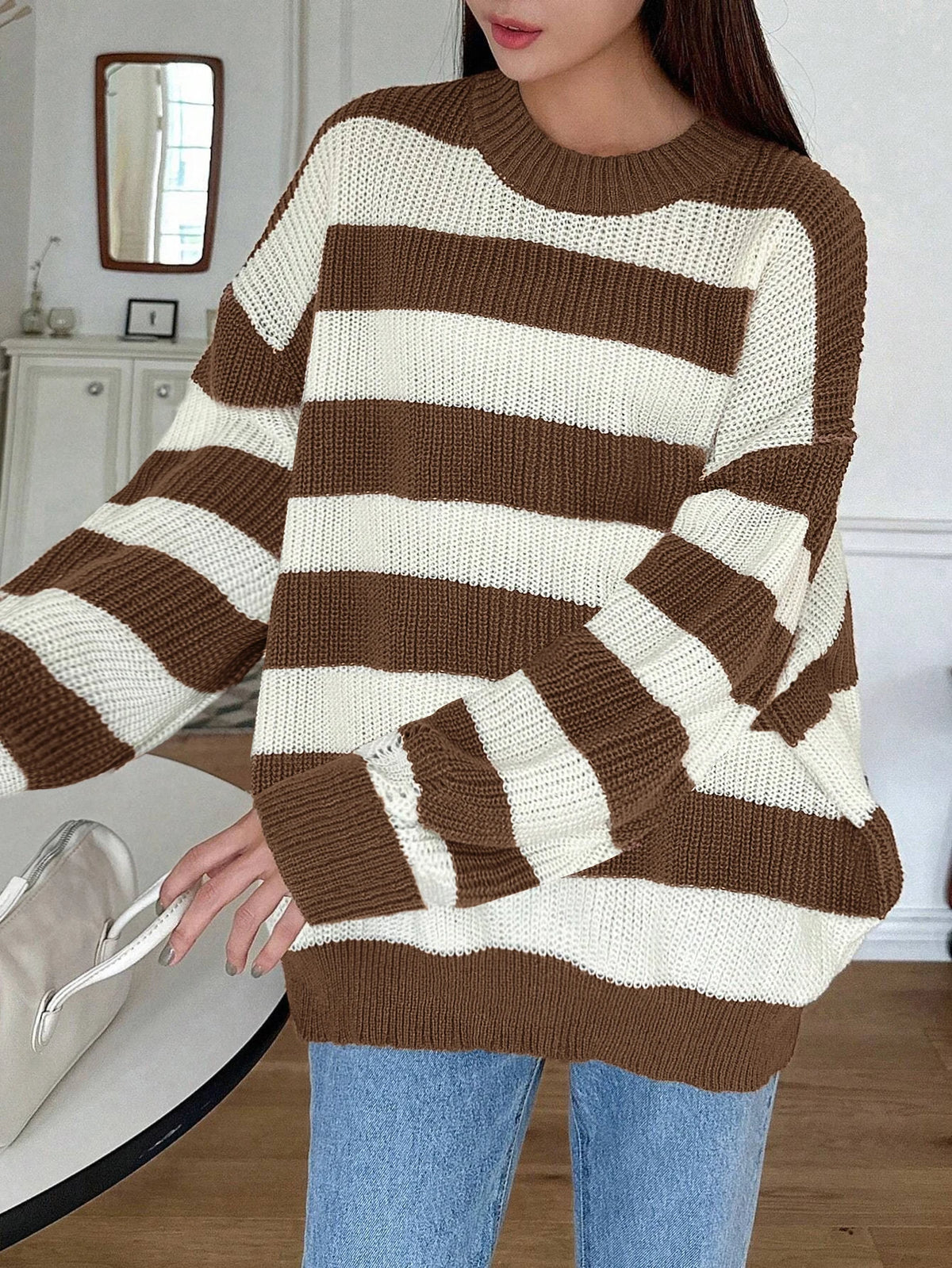 Damen Rundhals Gestreifter Strickpullover Locker Langarm Ausgehöhlter Strukturierter Lässiger Pullover