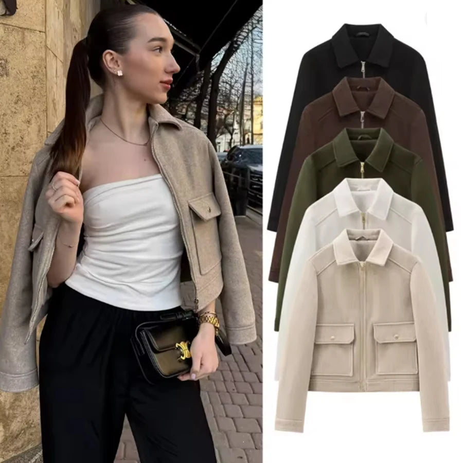 Frauen Zipper Jacke Mantel Neue Winter Langarm Tasche Oberbekleidung Mantel Kurze Straße Elegante frauen Jacke