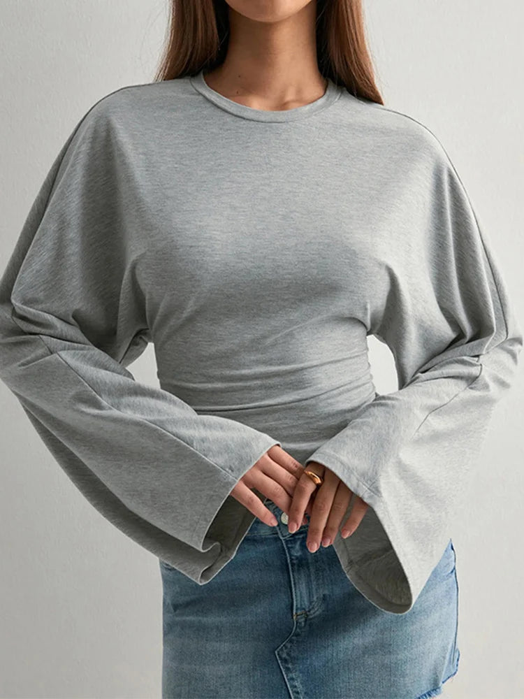 Street Style Flare Langarm-Crop-T-Shirt für Damen, Frühling und Herbst, lässiges Rundhals-Crop-Top, Streetwear, Y2K-Kleidung