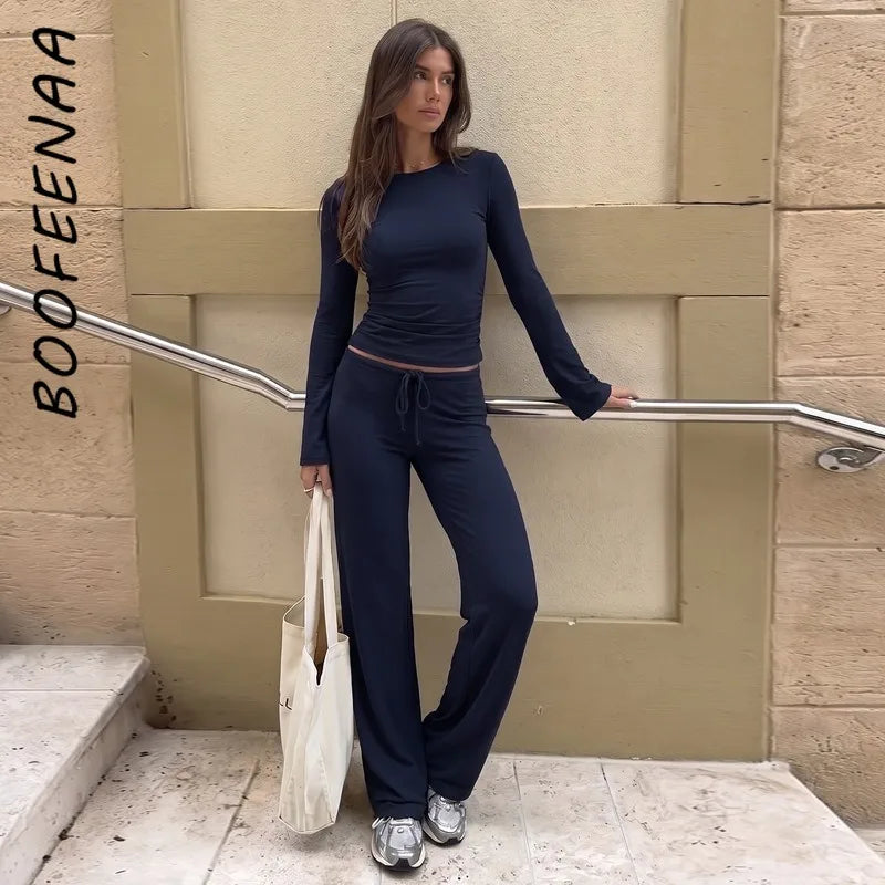 BOOFEENAA Baggy-Sweatpants, bequeme Lounge-Hose mit Kordelzug, Damen-Unterteil, lässige Hose mit weitem Bein, Schwarz, C15-BI30