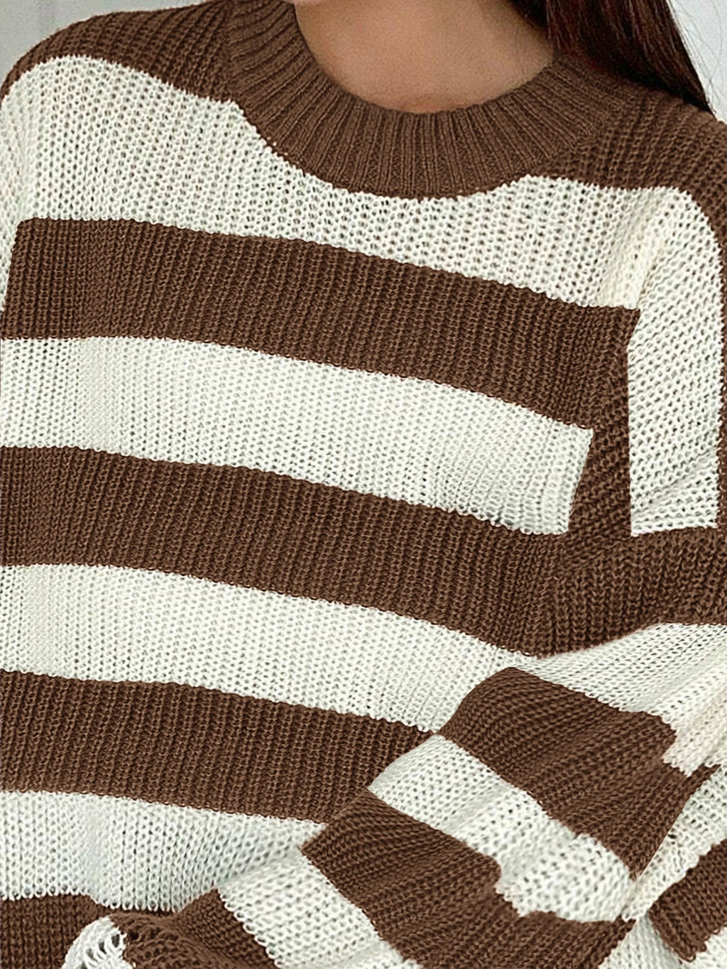 Damen Rundhals Gestreifter Strickpullover Locker Langarm Ausgehöhlter Strukturierter Lässiger Pullover