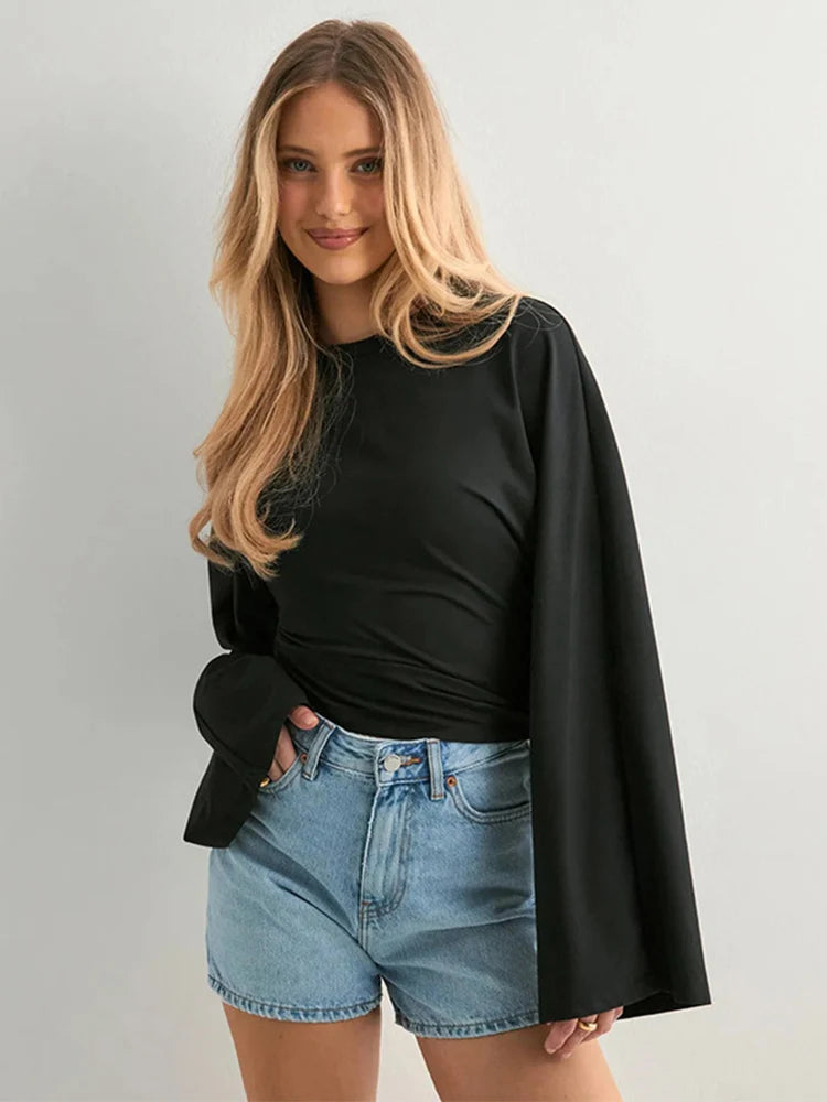 Street Style Flare Langarm-Crop-T-Shirt für Damen, Frühling und Herbst, lässiges Rundhals-Crop-Top, Streetwear, Y2K-Kleidung
