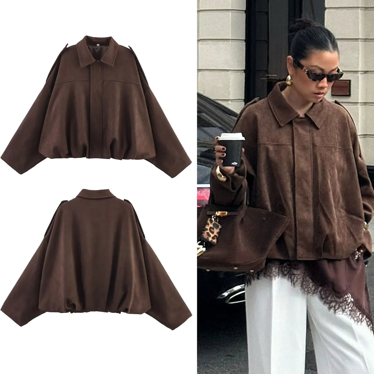 HH Damen Street Fashion Solid Loose Wildleder Textur Mäntel Kausal Lange Fledermausärmel Revers Reißverschluss Winter Vintage Jacken