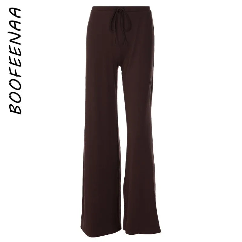 BOOFEENAA Baggy-Sweatpants, bequeme Lounge-Hose mit Kordelzug, Damen-Unterteil, lässige Hose mit weitem Bein, Schwarz, C15-BI30