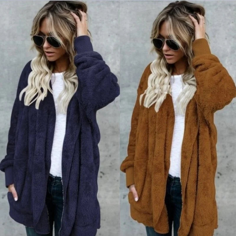 12-Farben-Fleece-Sweatshirt, lange Strickjacken, Herbst-Winter, weiblich, langärmelig, doppelseitig, Flurry, lockere Kapuzenmäntel, Oberbekleidung