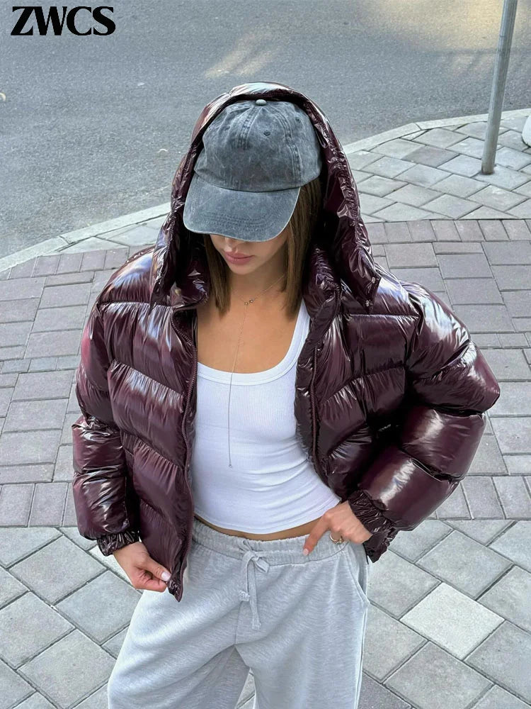Glänzende Reißverschluss-Kapuzenjacken für Damen, Warme Elastische Taille Plissierte Kurze Baumwolljacke, 2026 Winter Neue Damen High-Street-Oberbekleidung
