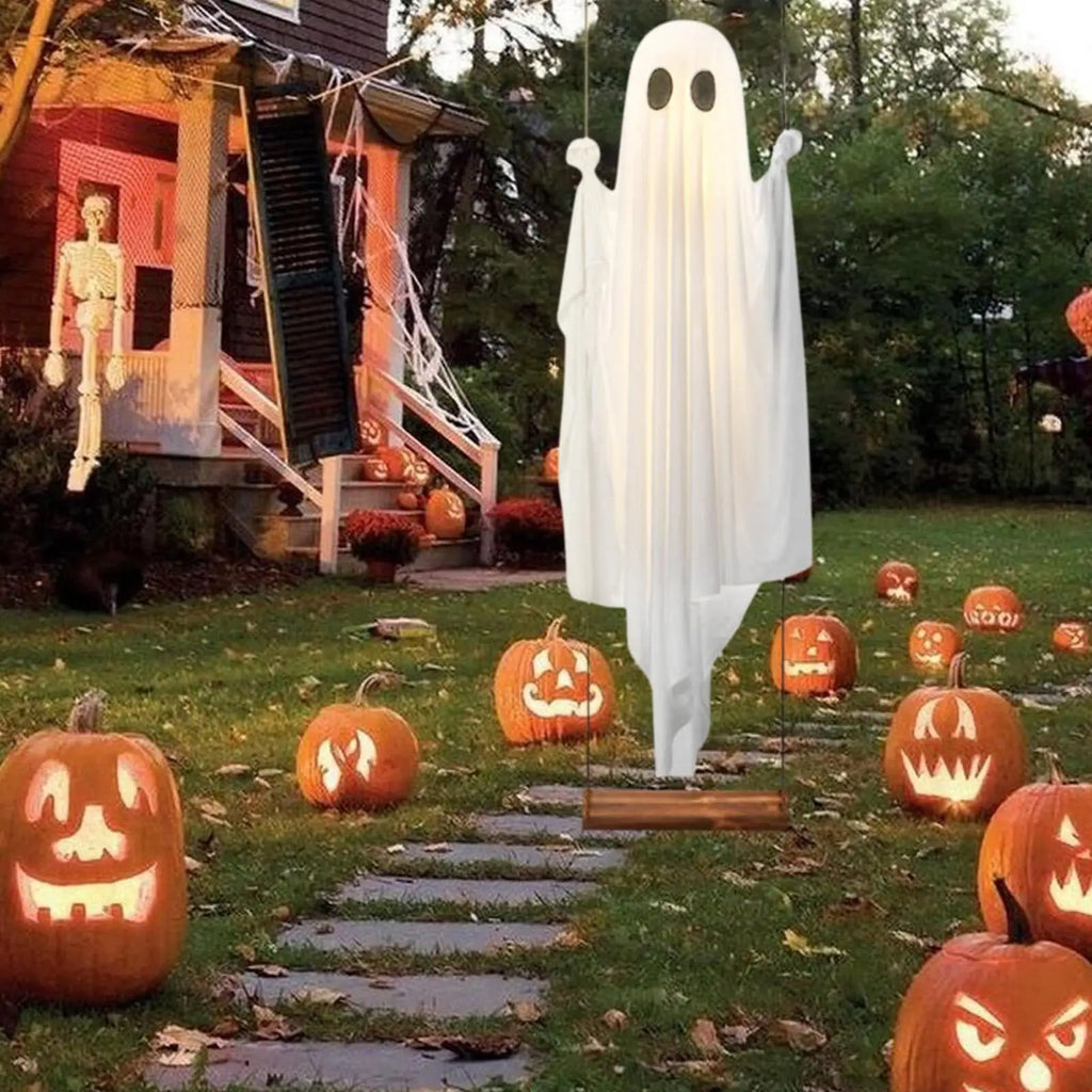 Großer Hängender Geister-Schaukel-Halloween-Horror-Dekorations-Geist in Weiß mit Lichterkette, Niedliche Geister-Ornamente für Veranda und Garten