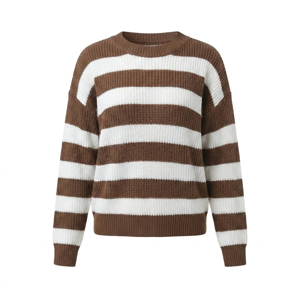 Damen Rundhals Gestreifter Strickpullover Locker Langarm Ausgehöhlter Strukturierter Lässiger Pullover