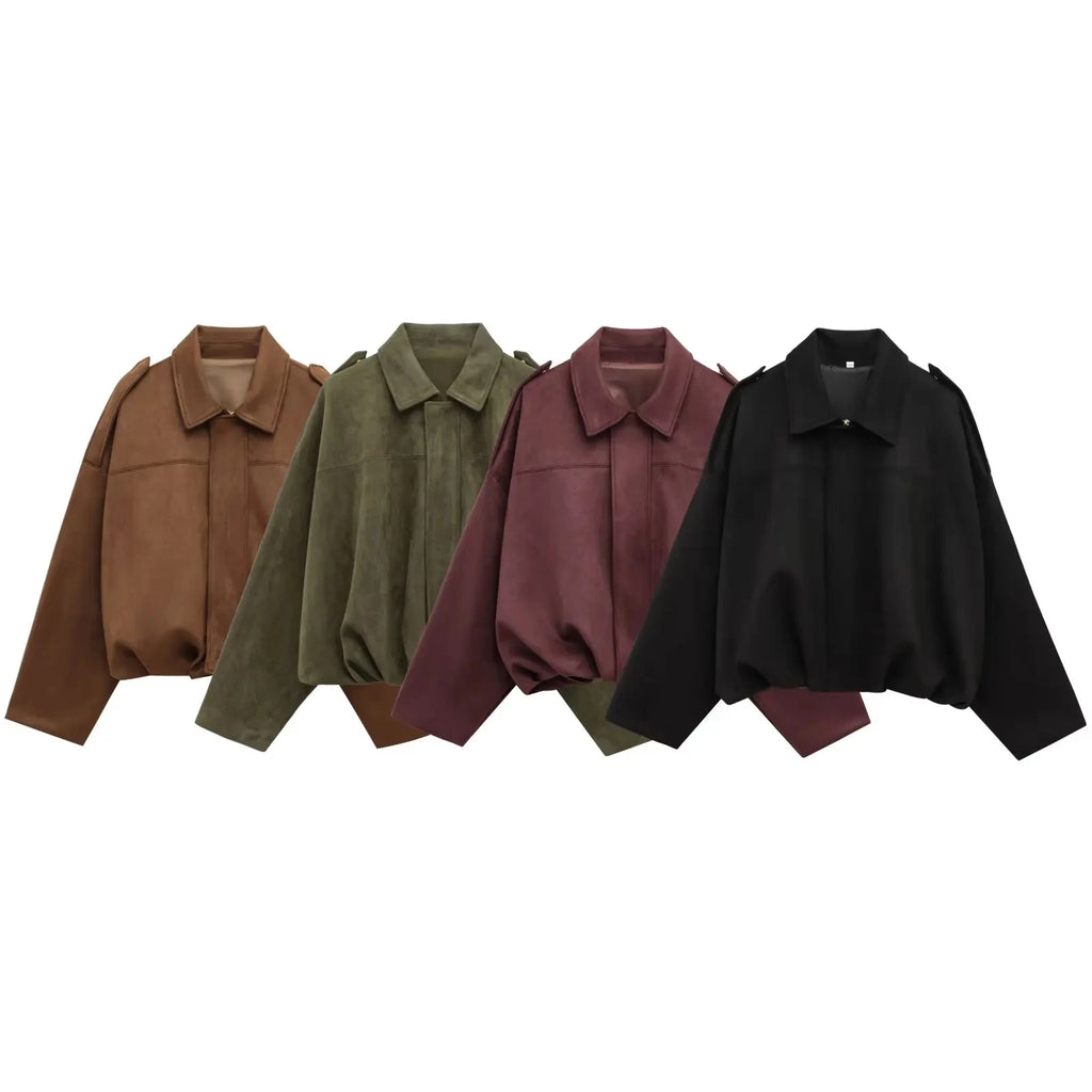 HH Damen Street Fashion Solid Loose Wildleder Textur Mäntel Kausal Lange Fledermausärmel Revers Reißverschluss Winter Vintage Jacken