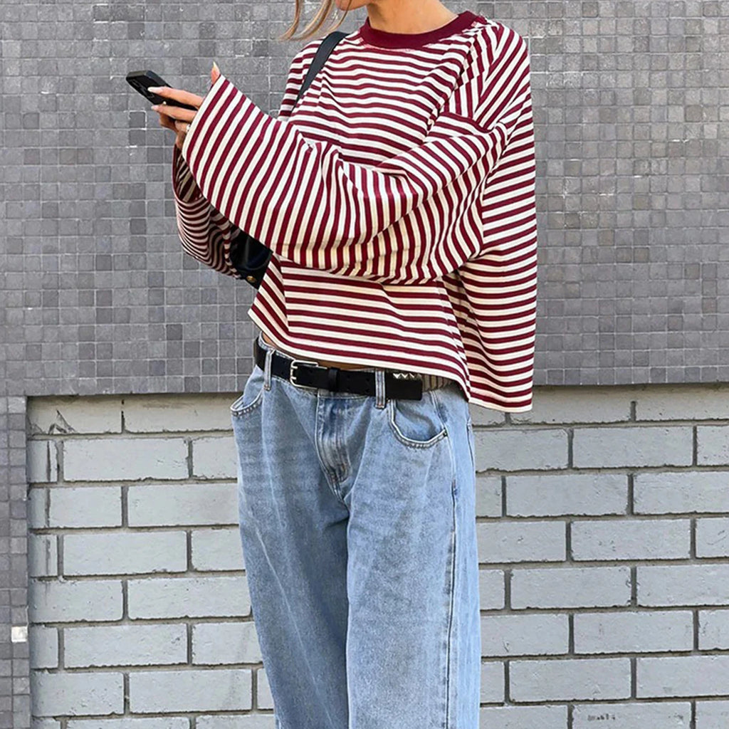 Gestreiftes Langarm-T-Shirt für Damen, Y2k, übergroßes Sweatshirt mit Rundhalsausschnitt, ästhetischer Vintage-Herbst, tiefe Schulter, niedliche Ausgehen
