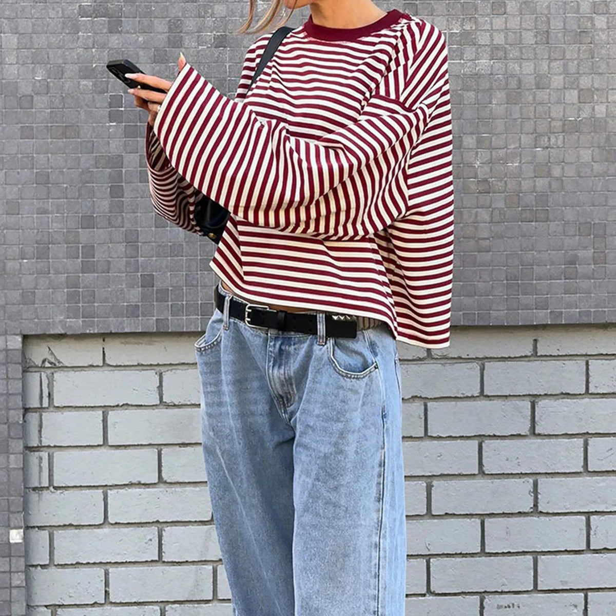 Gestreiftes Langarm-T-Shirt für Damen, Y2k, übergroßes Sweatshirt mit Rundhalsausschnitt, ästhetischer Vintage-Herbst, tiefe Schulter, niedliche Ausgehen