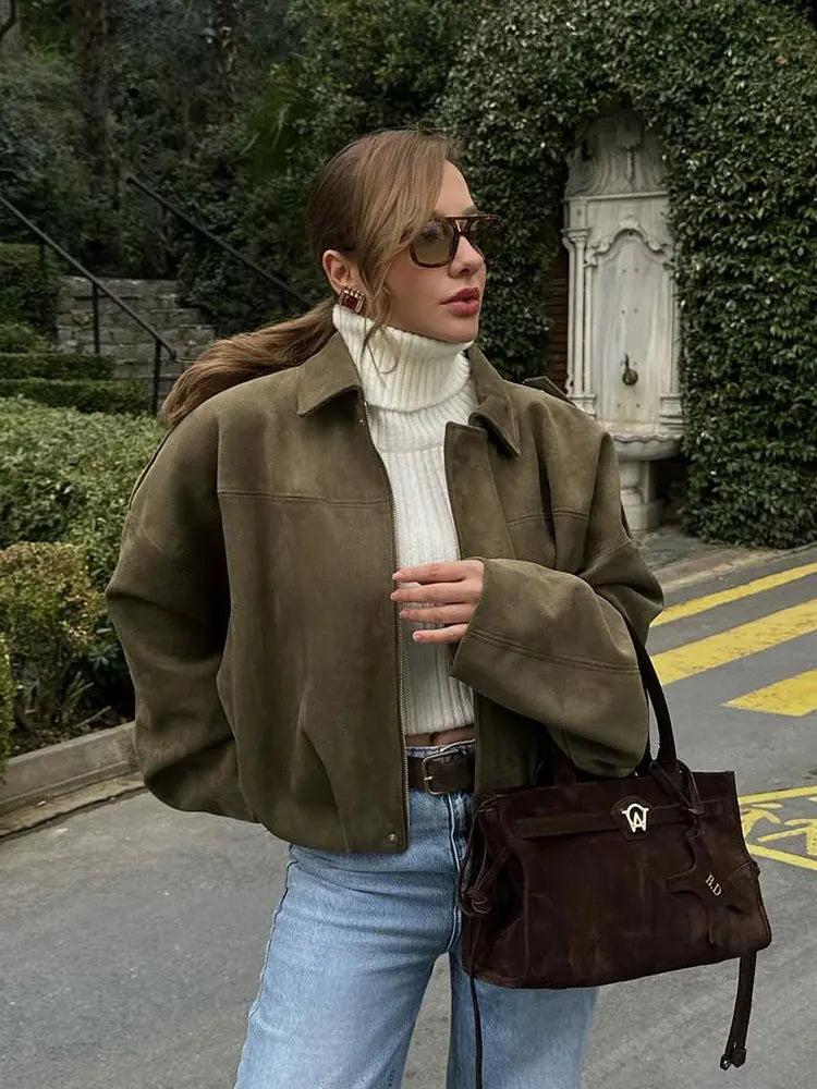 HH Damen Street Fashion Solid Loose Wildleder Textur Mäntel Kausal Lange Fledermausärmel Revers Reißverschluss Winter Vintage Jacken