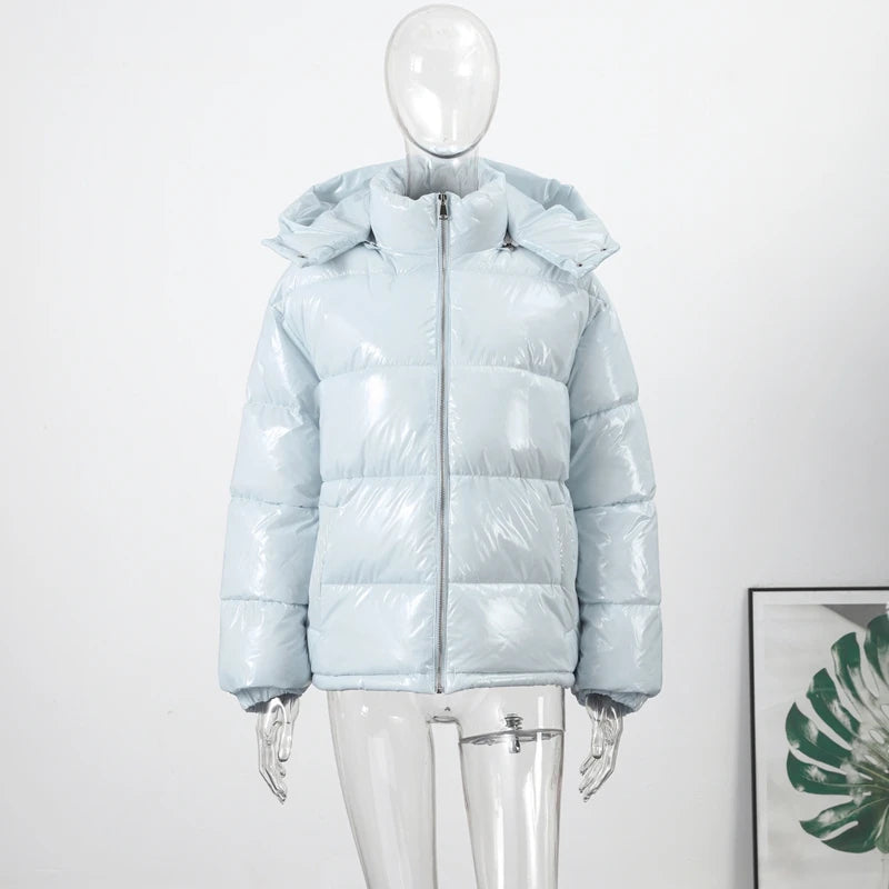 Glänzende Reißverschluss-Kapuzenjacken für Damen, Warme Elastische Taille Plissierte Kurze Baumwolljacke, 2026 Winter Neue Damen High-Street-Oberbekleidung