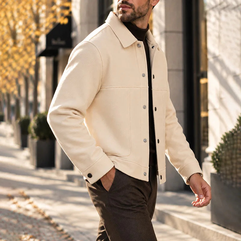 Herren Kurze Jacke mit Gebürsteter Oberfläche, Lockerer Schnitt, Reverskragen, Knopfleiste, Herbst-Winter, Warm, Business Casual, Alltägliche Pendlerjacke