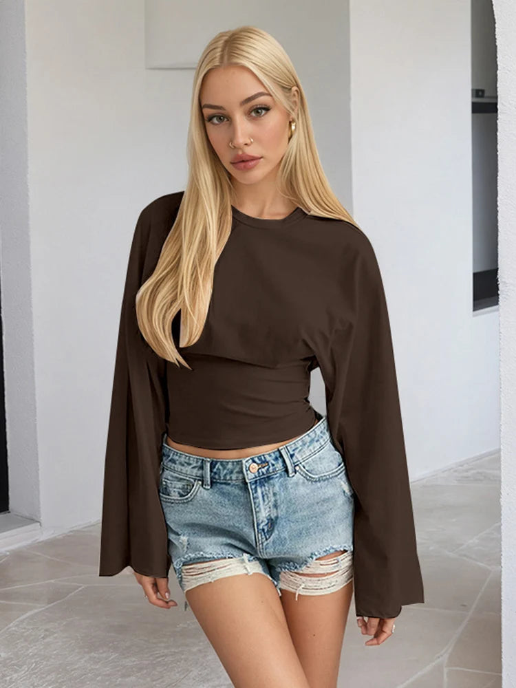Street Style Flare Langarm-Crop-T-Shirt für Damen, Frühling und Herbst, lässiges Rundhals-Crop-Top, Streetwear, Y2K-Kleidung
