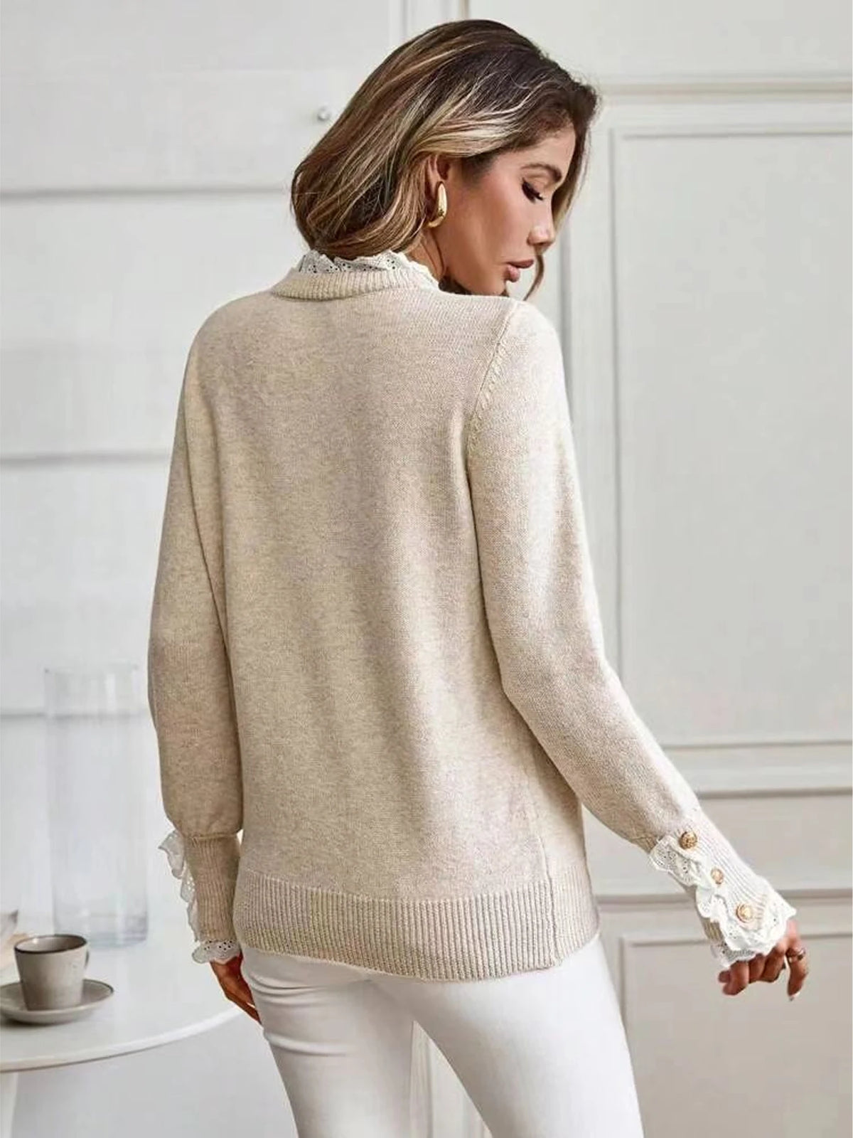 Damen Langarm-Strickpullover mit Spitzenverzierung Rundhals Herbst Winter Warm Modisch Lässige Strickware