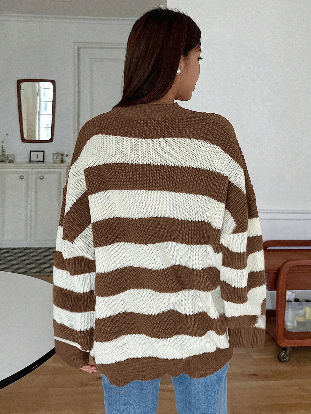 Damen Rundhals Gestreifter Strickpullover Locker Langarm Ausgehöhlter Strukturierter Lässiger Pullover