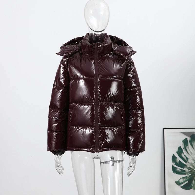 Glänzende Reißverschluss-Kapuzenjacken für Damen, Warme Elastische Taille Plissierte Kurze Baumwolljacke, 2026 Winter Neue Damen High-Street-Oberbekleidung