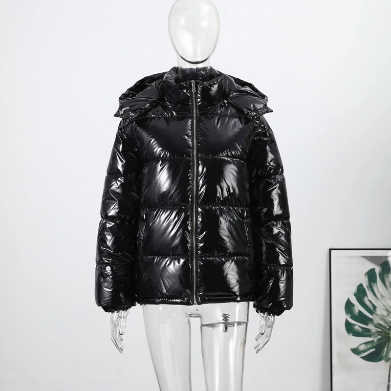 Glänzende Reißverschluss-Kapuzenjacken für Damen, Warme Elastische Taille Plissierte Kurze Baumwolljacke, 2026 Winter Neue Damen High-Street-Oberbekleidung