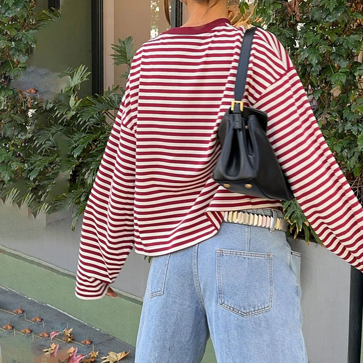 Gestreiftes Langarm-T-Shirt für Damen, Y2k, übergroßes Sweatshirt mit Rundhalsausschnitt, ästhetischer Vintage-Herbst, tiefe Schulter, niedliche Ausgehen