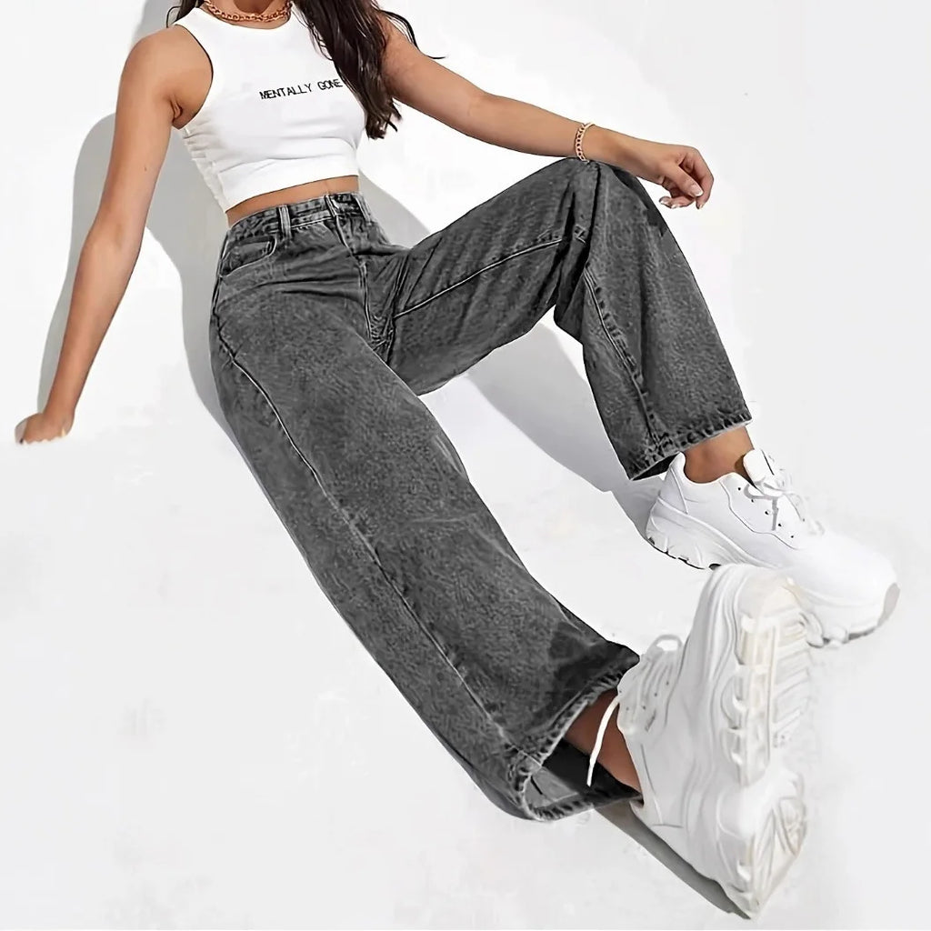Sommer-Damenbekleidung: Hochtaillierte Straight-Leg-Jeans für Frauen, Vintage-Waschung, Lange Hosen aus Baumwolle, Dünn, Elegant und Lässig