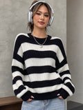 Damen-Pullover mit Rundhalsausschnitt, Farbblock-Streifenmuster, langärmelig, locker geschnitten, lässiger Alltags-Pullover für Damen, Herbst- und Winter-Strickoberteil
