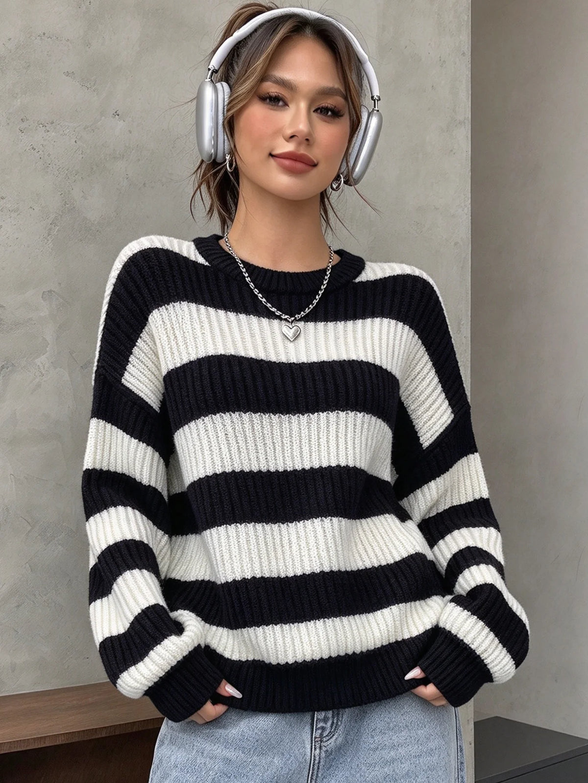 Damen-Pullover mit Rundhalsausschnitt, Farbblock-Streifenmuster, langärmelig, locker geschnitten, lässiger Alltags-Pullover für Damen, Herbst- und Winter-Strickoberteil