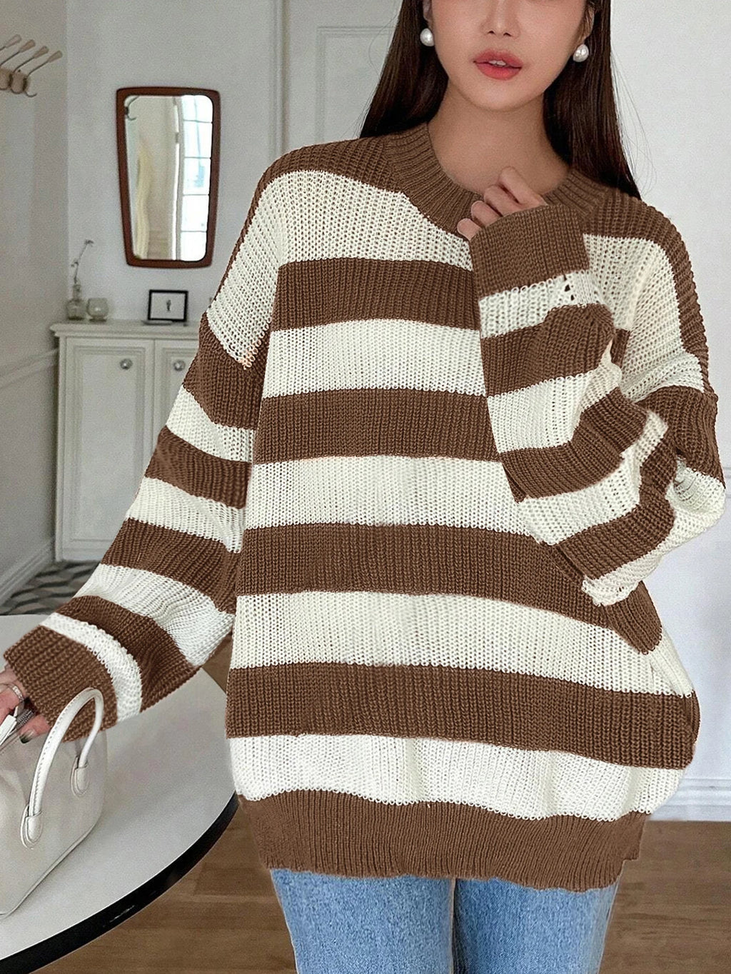 Damen Rundhals Gestreifter Strickpullover Locker Langarm Ausgehöhlter Strukturierter Lässiger Pullover