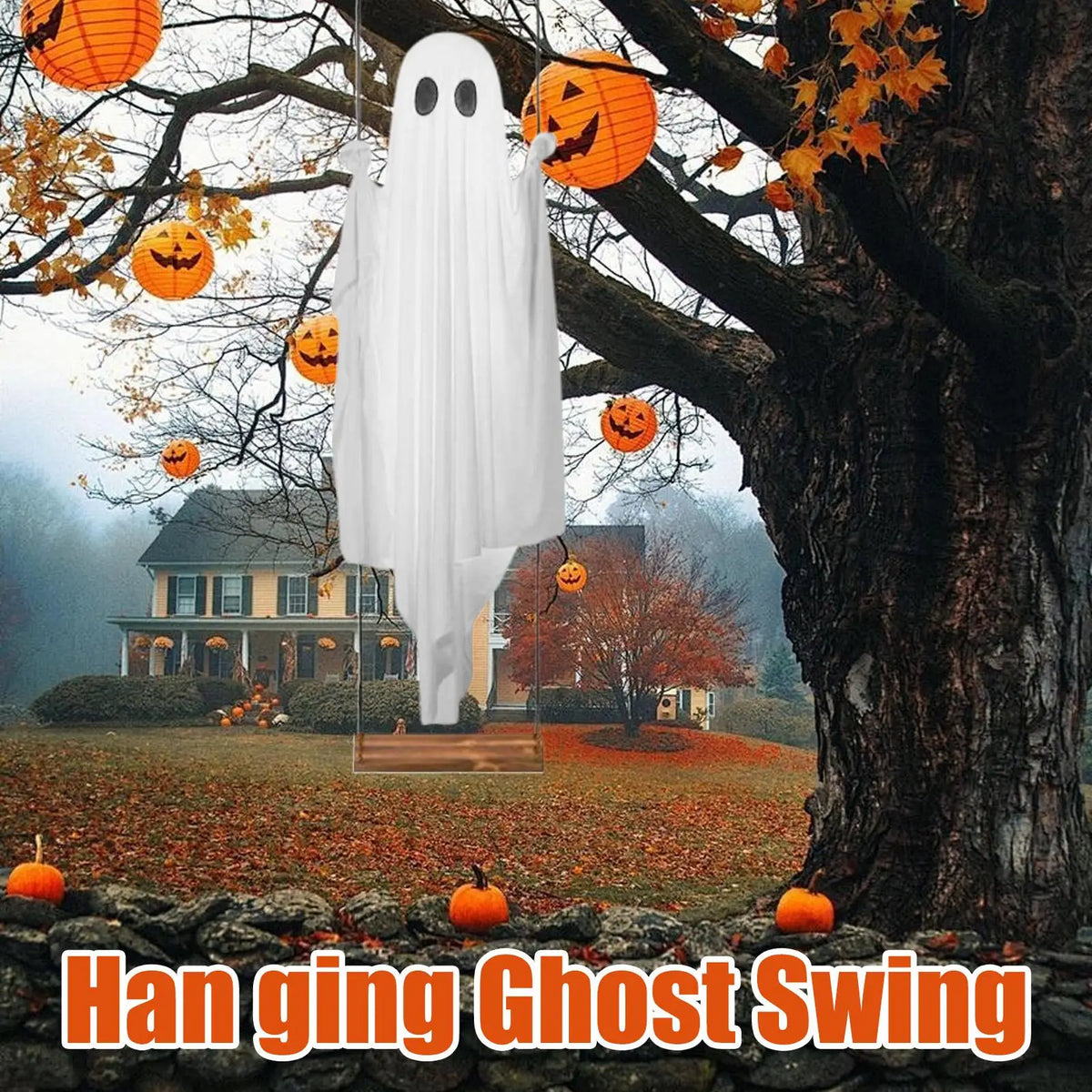 Großer Hängender Geister-Schaukel-Halloween-Horror-Dekorations-Geist in Weiß mit Lichterkette, Niedliche Geister-Ornamente für Veranda und Garten