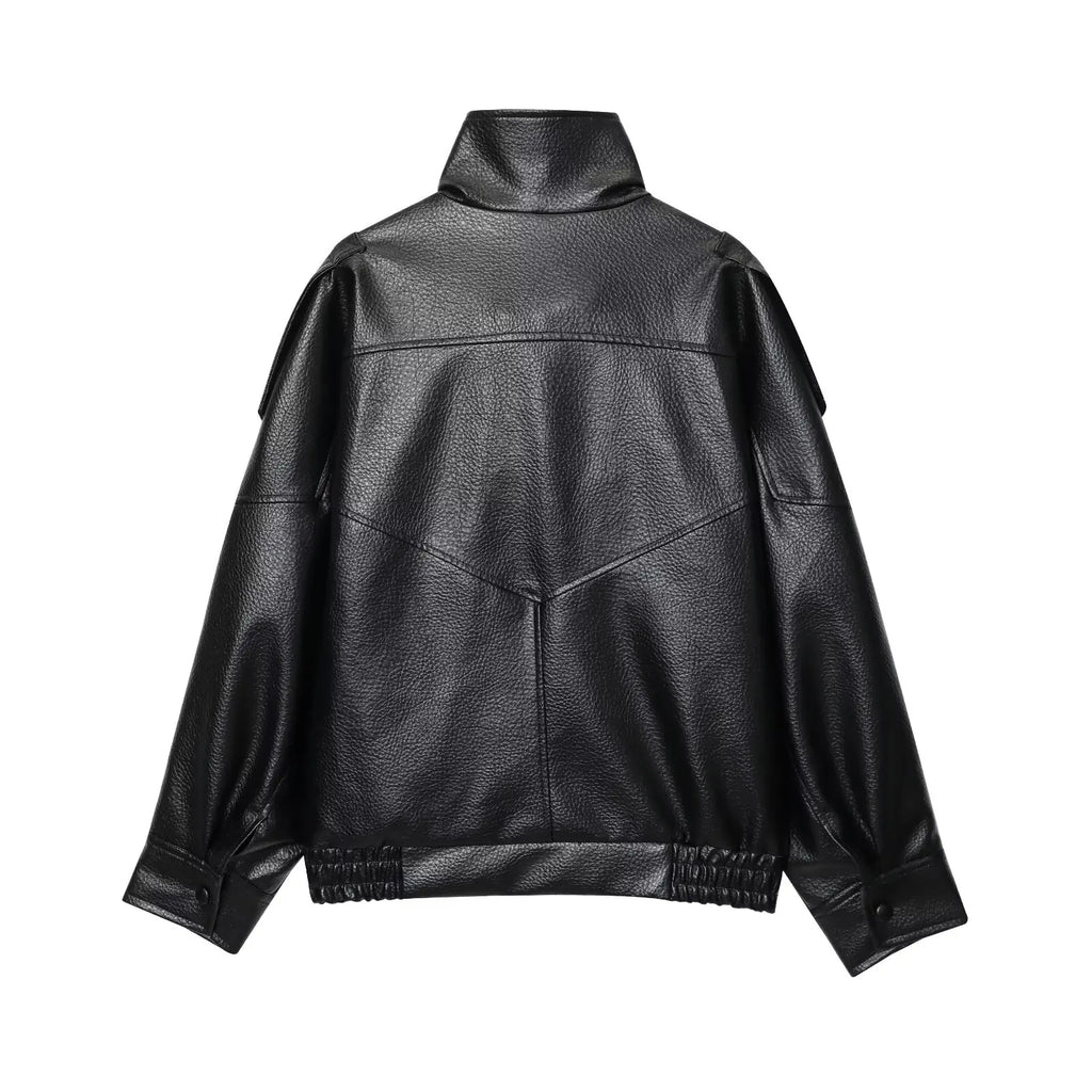 TFMLN Chic Schwarz Kunstleder Jacken Frauen Langarm Tasten Elastische Übergroße Mäntel Mode 2025, Herbst Winter Streetwear