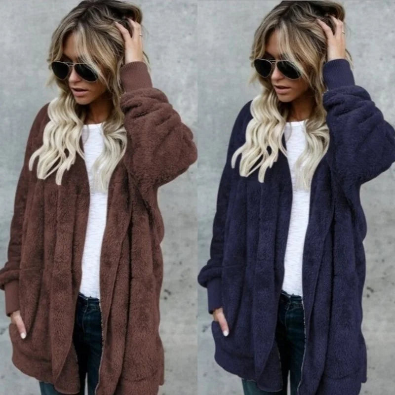 12-Farben-Fleece-Sweatshirt, lange Strickjacken, Herbst-Winter, weiblich, langärmelig, doppelseitig, Flurry, lockere Kapuzenmäntel, Oberbekleidung