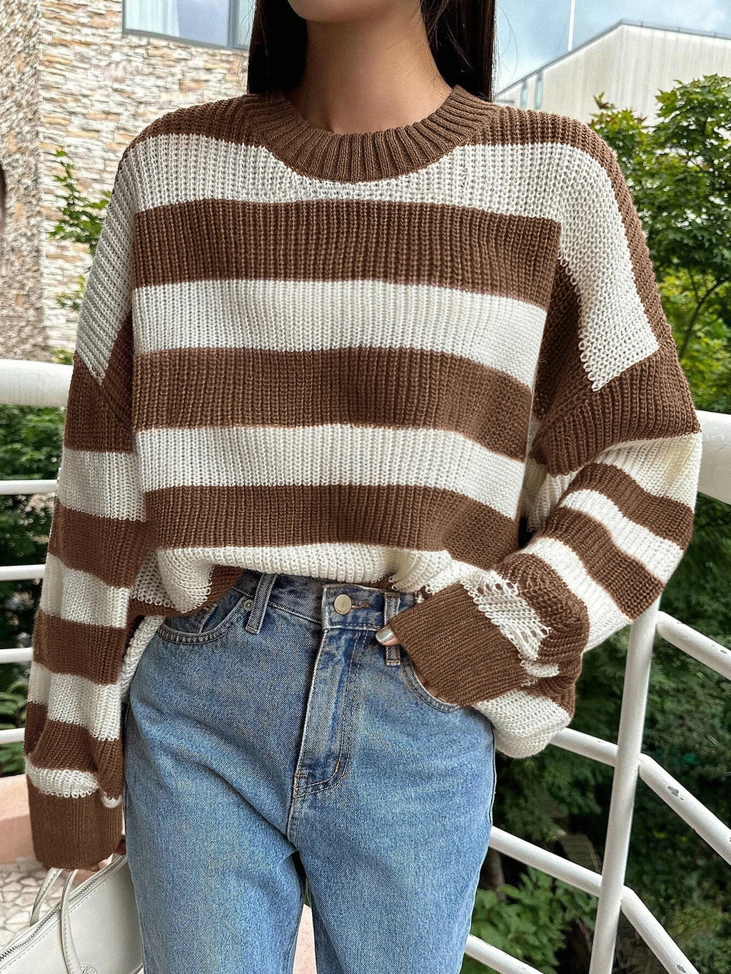Damen Rundhals Gestreifter Strickpullover Locker Langarm Ausgehöhlter Strukturierter Lässiger Pullover