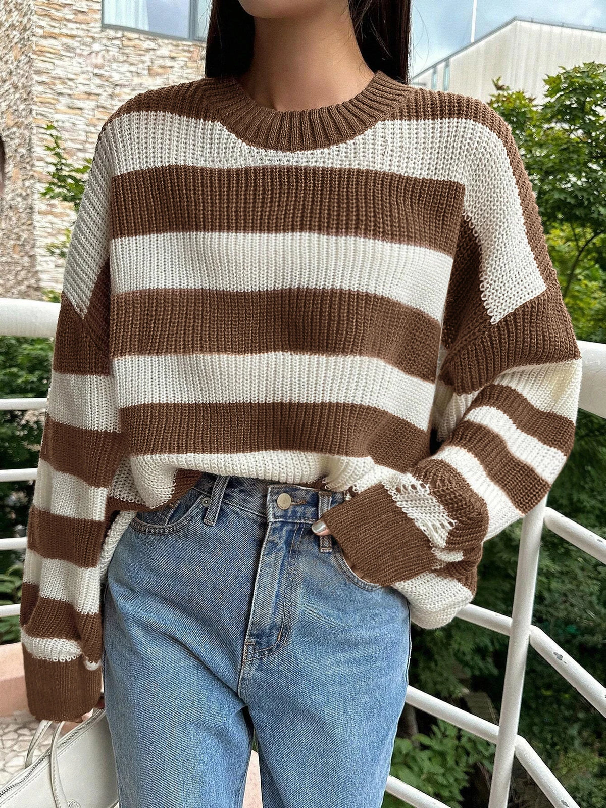 Damen Rundhals Gestreifter Strickpullover Locker Langarm Ausgehöhlter Strukturierter Lässiger Pullover