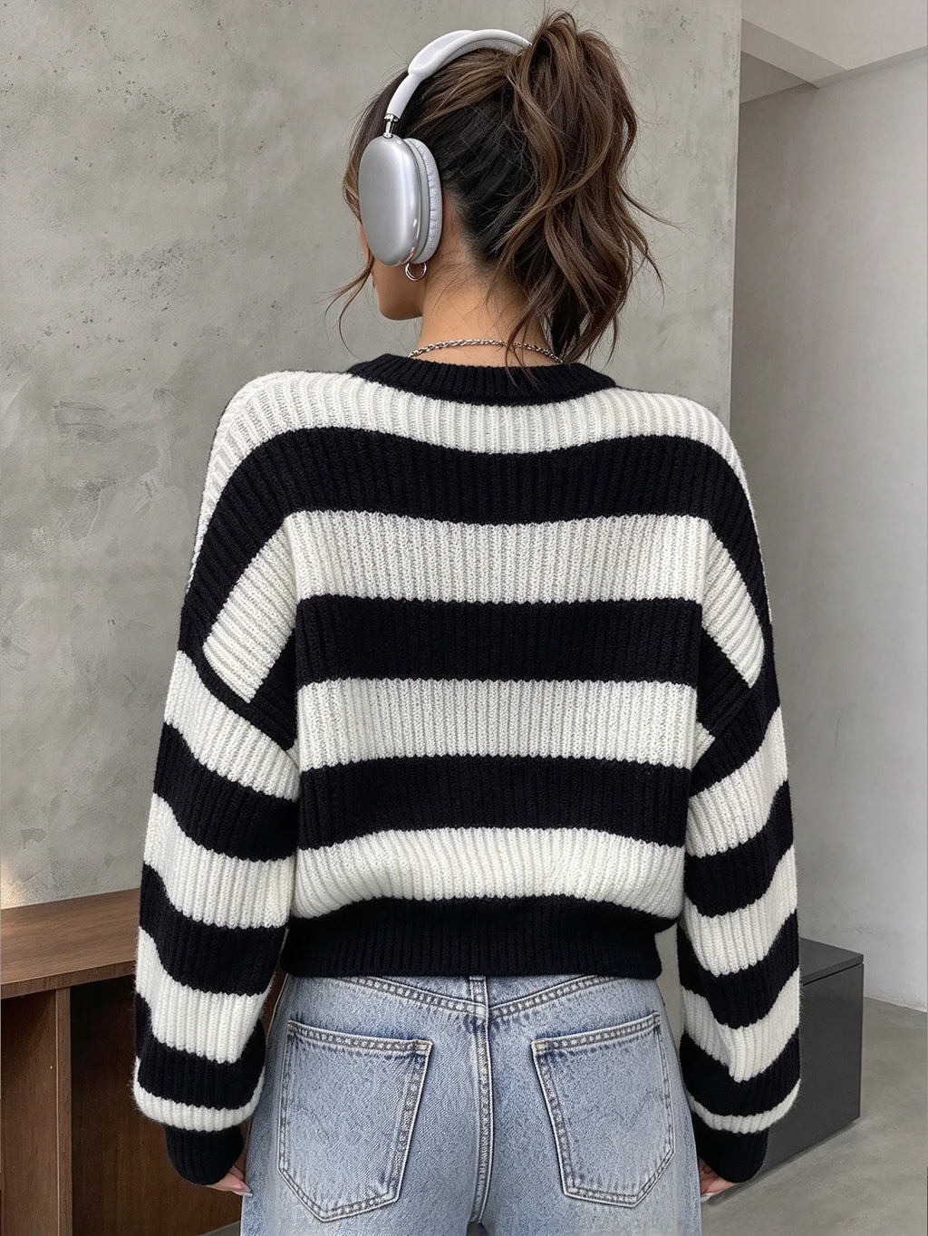 Damen-Pullover mit Rundhalsausschnitt, Farbblock-Streifenmuster, langärmelig, locker geschnitten, lässiger Alltags-Pullover für Damen, Herbst- und Winter-Strickoberteil