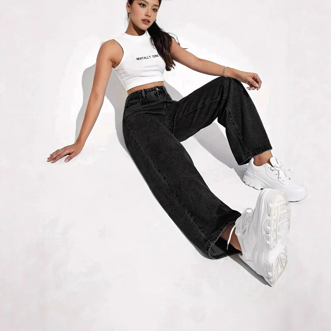 Sommer-Damenbekleidung: Hochtaillierte Straight-Leg-Jeans für Frauen, Vintage-Waschung, Lange Hosen aus Baumwolle, Dünn, Elegant und Lässig