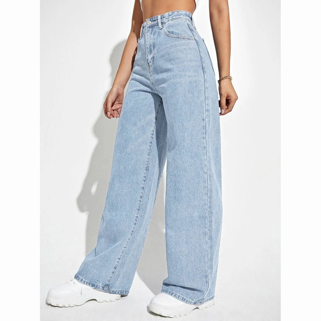 MsChuh Damenhose, Hose, hohe Taille, locker geschnitten, weites Bein, Jeans, Damenbekleidung, hellblaue Hose, für Dates, Urlaub, den Alltag.