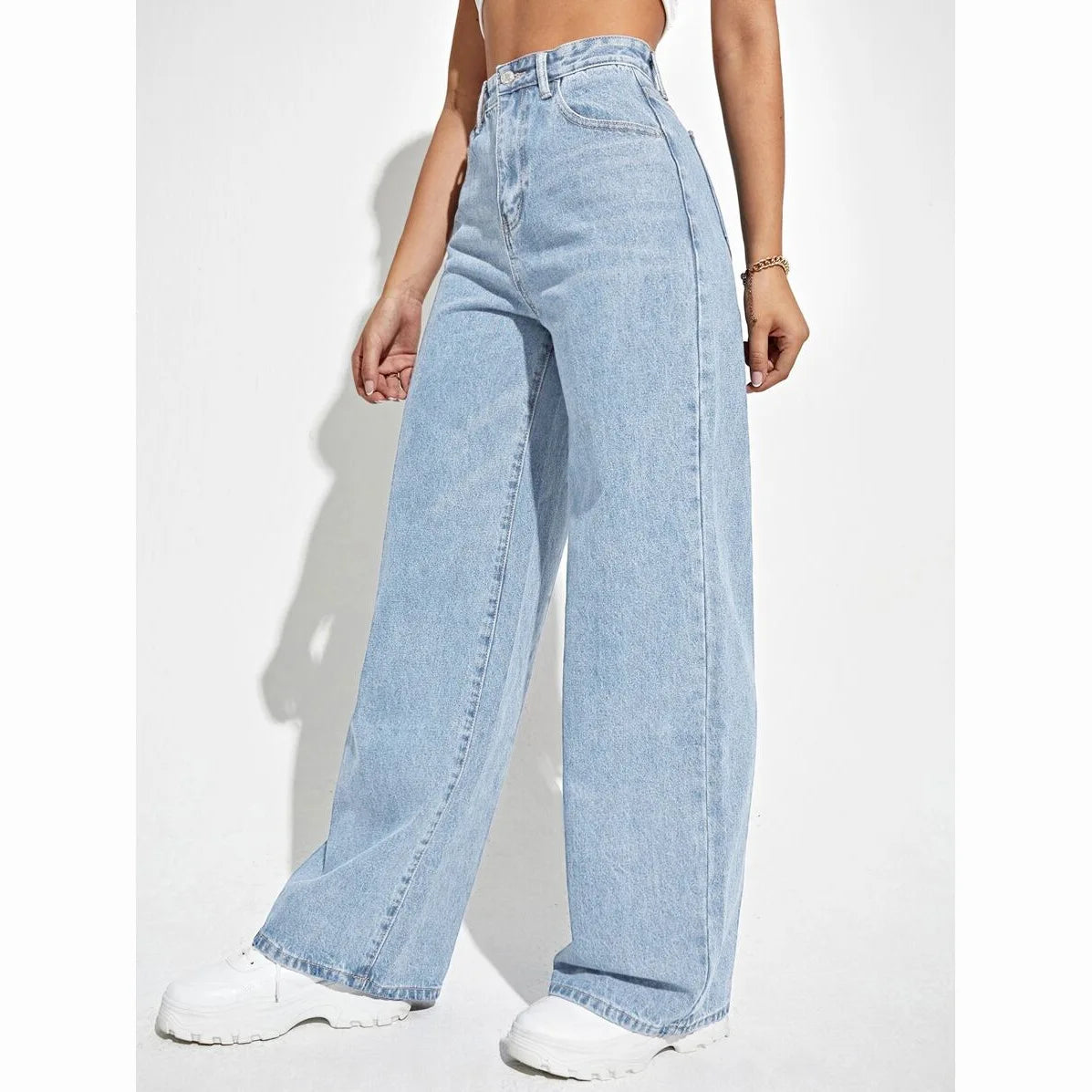 MsChuh Damenhose, Hose, hohe Taille, locker geschnitten, weites Bein, Jeans, Damenbekleidung, hellblaue Hose, für Dates, Urlaub, den Alltag.