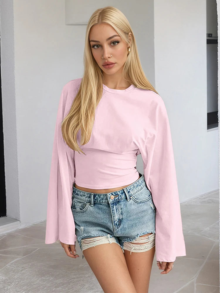 Street Style Flare Langarm-Crop-T-Shirt für Damen, Frühling und Herbst, lässiges Rundhals-Crop-Top, Streetwear, Y2K-Kleidung